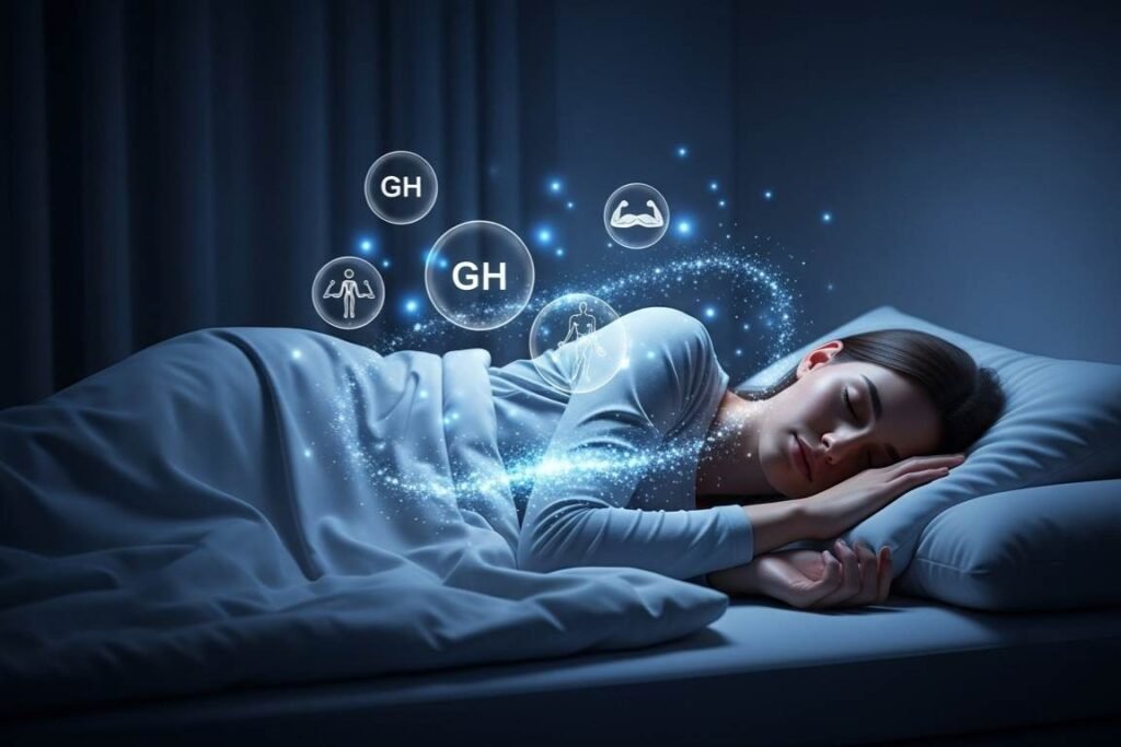 Pessoa dormindo com elementos flutuantes.