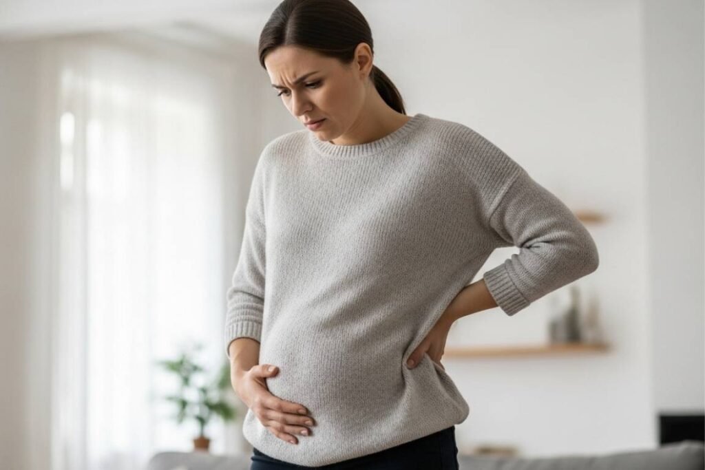 Mulher com esfregando a barriga inchada.