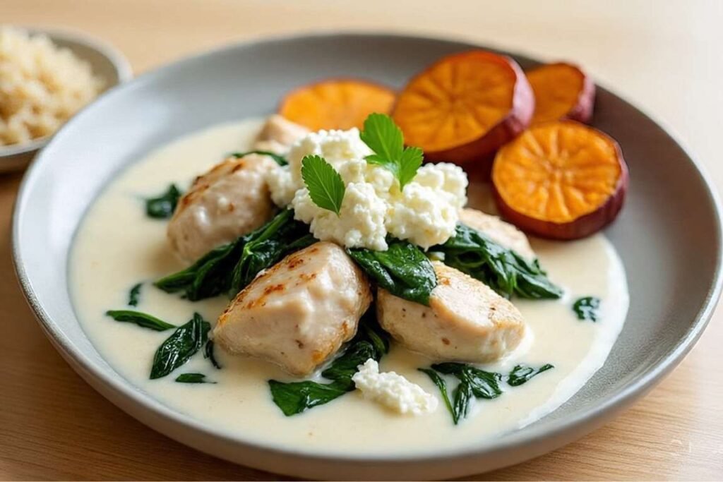 prato com frango espinafre e arroz