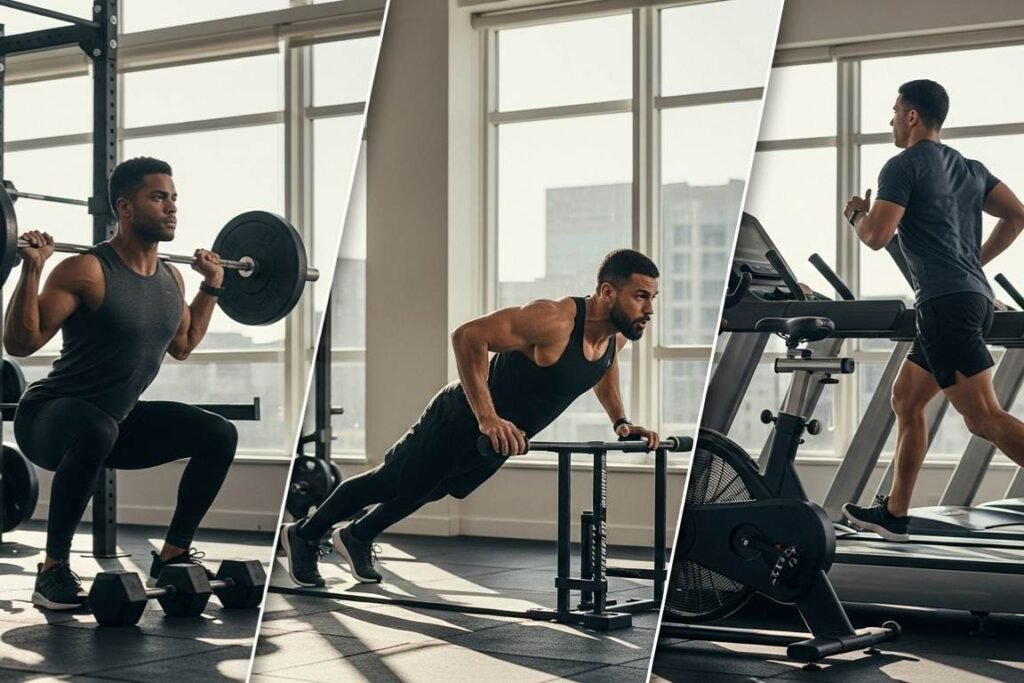 Homem se exercitando em academia moderna.