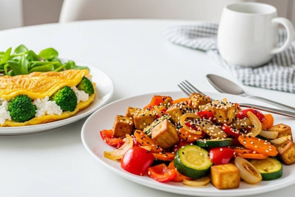 Salada colorida e omelete saudável.