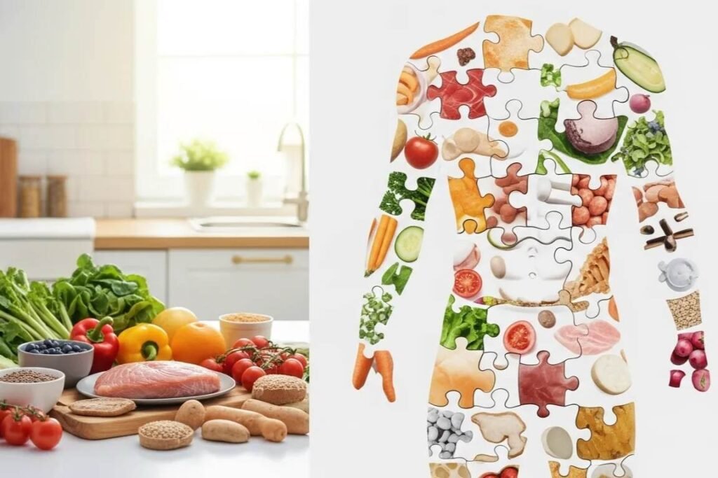 Alimentos saudáveis formando corpo humano.