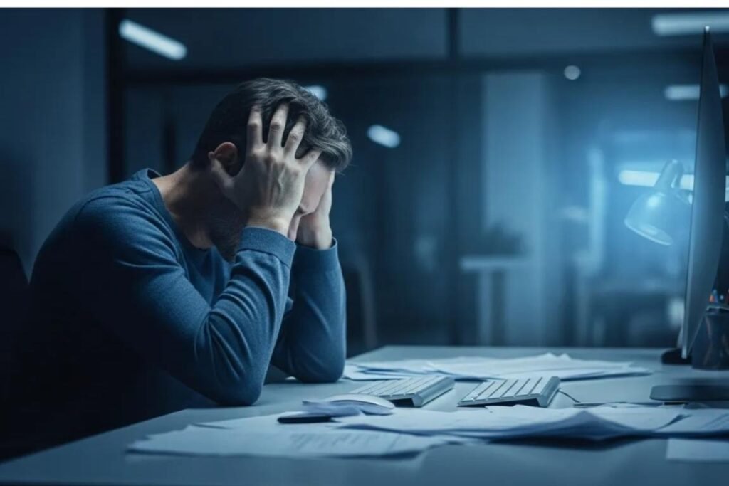 Homem estressado em ambiente de trabalho.