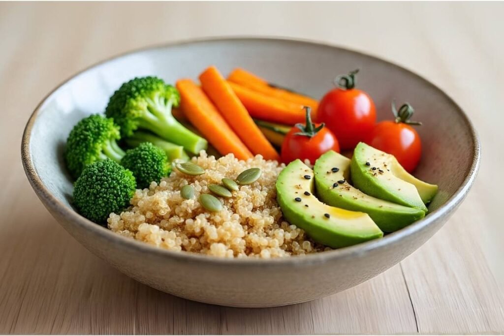 Tigela com brócolis abacate cenoura tomate e arroz