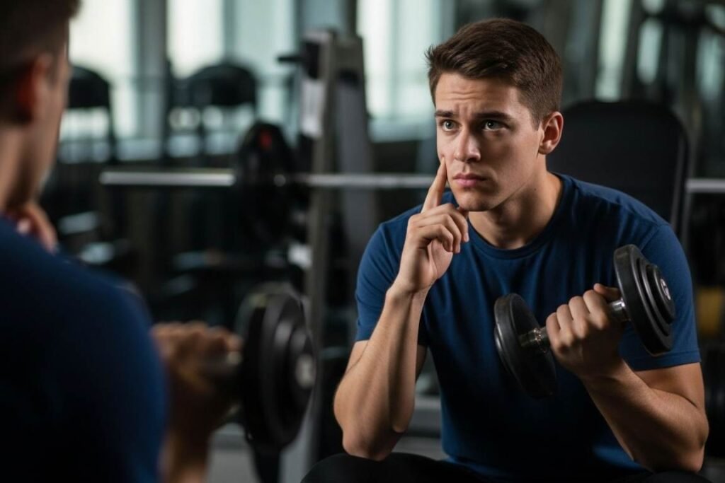 rapaz com alteres na mão expressando dúvida no que fazer - Como o Exercício Físico Impacta Sua Saúde Mental