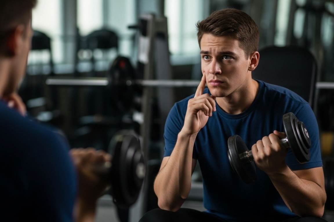 rapaz com alteres na mão expressando dúvida no que fazer - ganho muscular