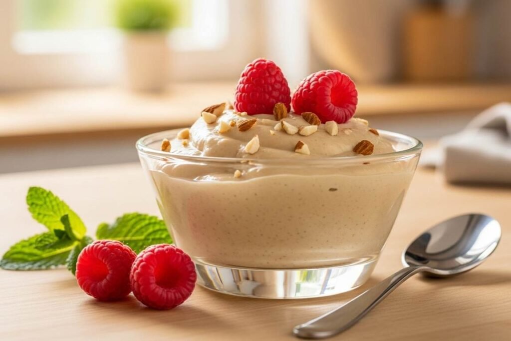 Pudim secreto de caseína com uma tigela com framboesas