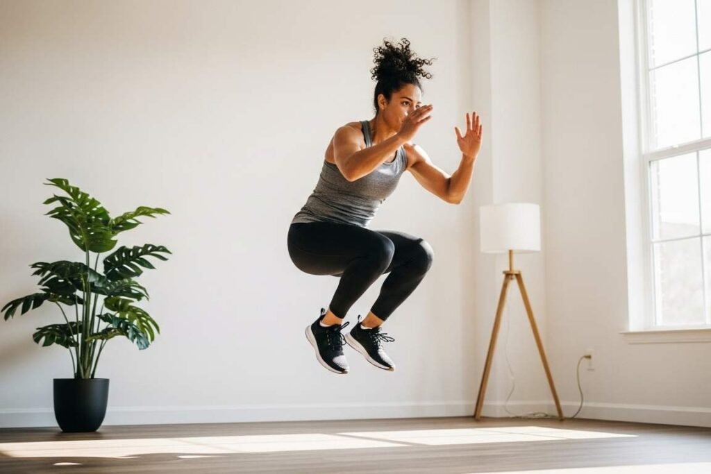 Mulher pulando em ambiente interno.