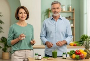 Casal em frente a uma mesa com suplementos e alimentos - Suplementos Para Tomar Após os 40 Anos
