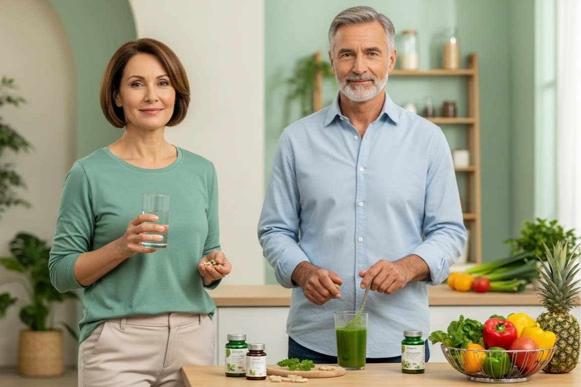 Casal em frente a uma mesa com suplementos e alimentos - Suplementos Para Tomar Após os 40 Anos