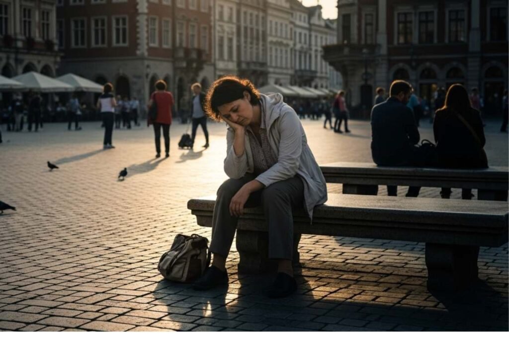 mulher sentada em um banco de rua cansada - a importância da vitamina b12