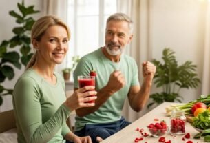 Homem e mulher em uma mesa com frutas e suco