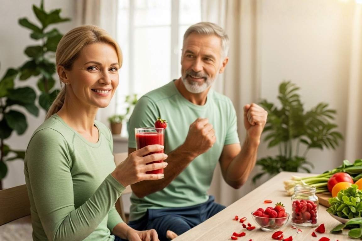 Homem e mulher em uma mesa com frutas e suco
