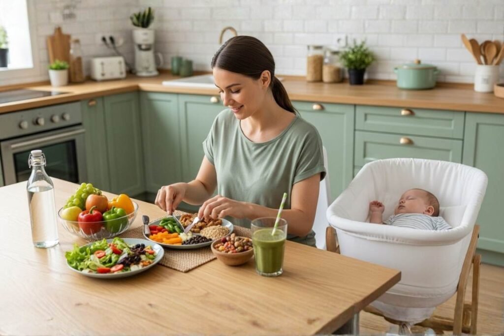 Mulher se alimentando em uma mesa com comida saudável - perder barriga pós-parto