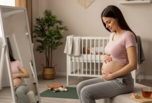 Mulher grávida sentada em frente a um espelho - perder barriga pós-parto