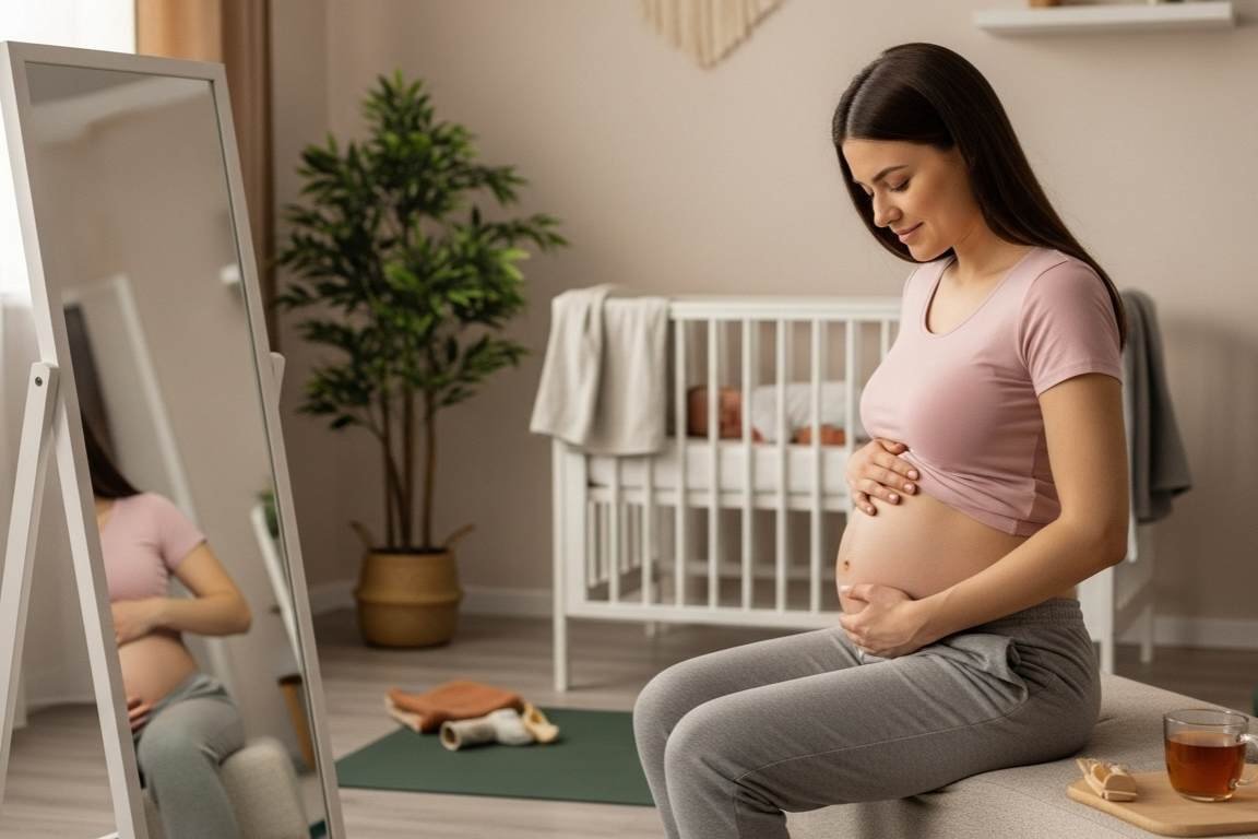 Mulher grávida sentada em frente a um espelho - perder barriga pós-parto