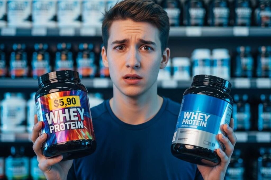 Um rapaz com um pode de whey protein em cada mão com cara de dúvida