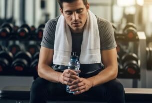 Homem na academia com expressão de cansaço - A Importância dos Dias de Descanso: Por Que Seu Corpo Precisa Pausar Para Crescer