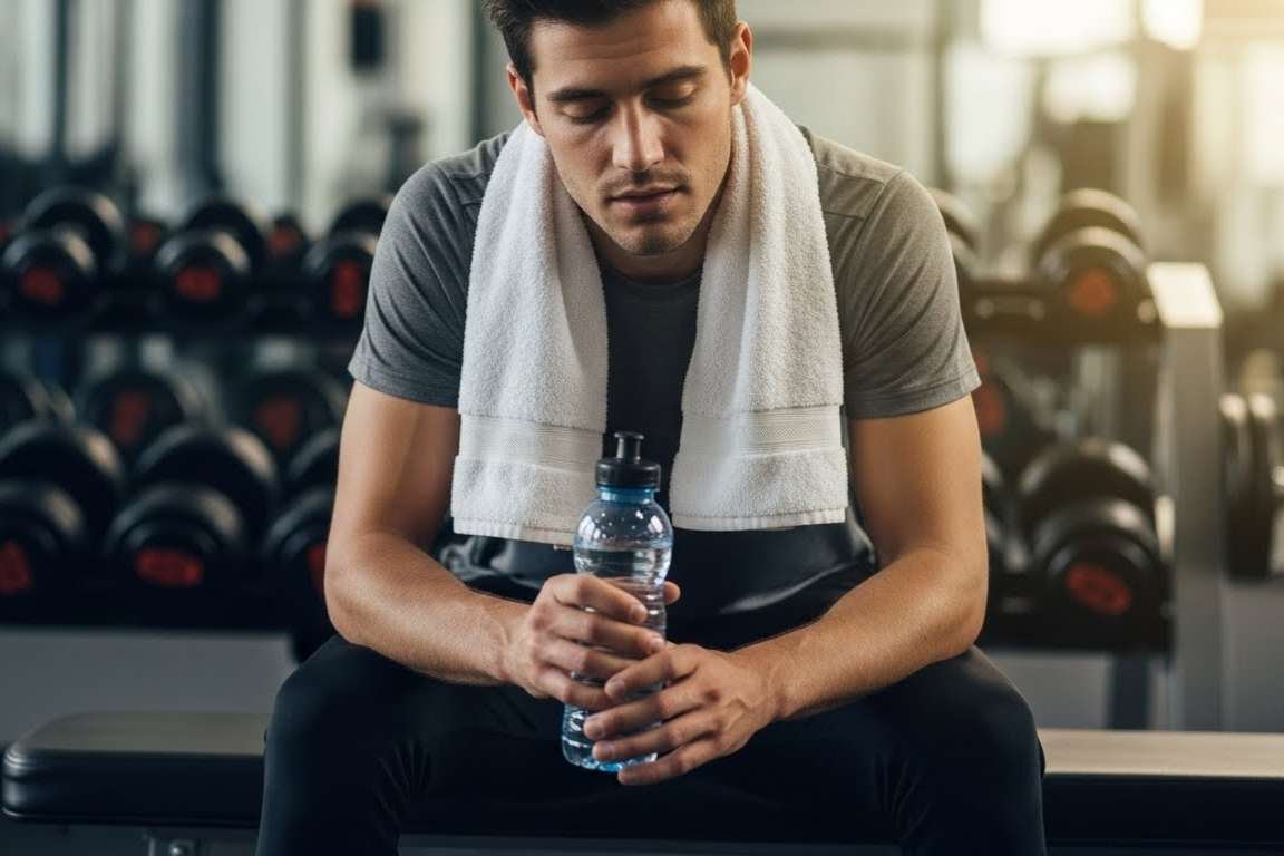 Homem na academia com expressão de cansaço - A Importância dos Dias de Descanso: Por Que Seu Corpo Precisa Pausar Para Crescer