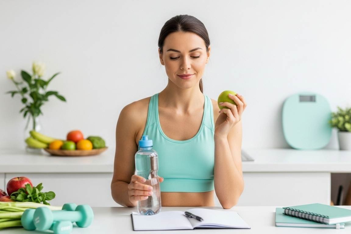 mulher segurando uma fruta e uma garrafa de água sentada a pancada de uma cozinha anotando