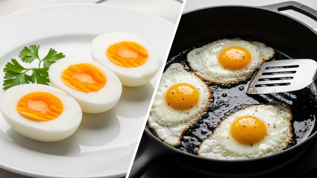 Imagem dividida com ovos cozidos e fritos - emagrecimento com ovo cozido