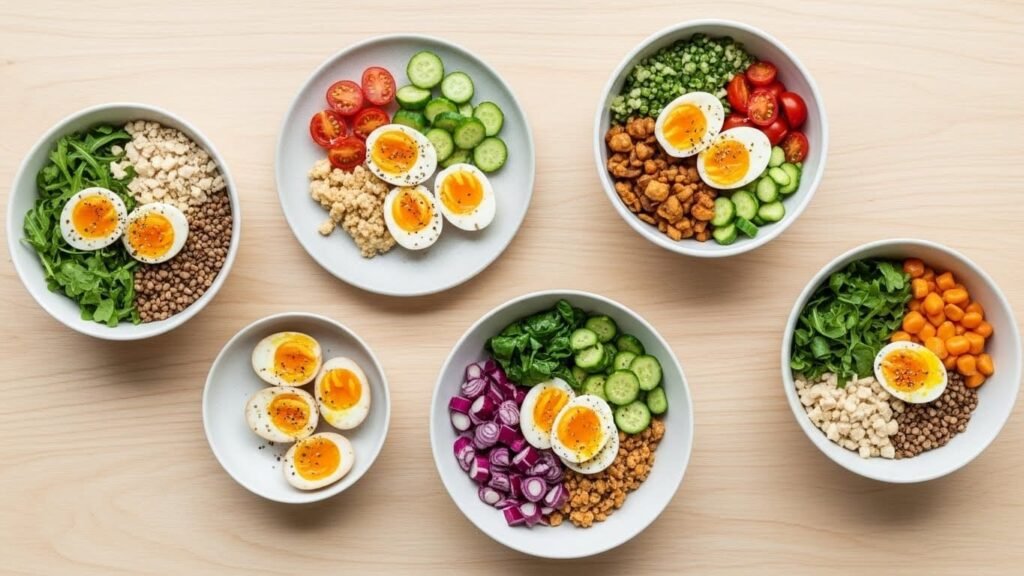 Pratos vaiados à mesa incluindo ovos cozidos - emagrecimento com ovo cozido