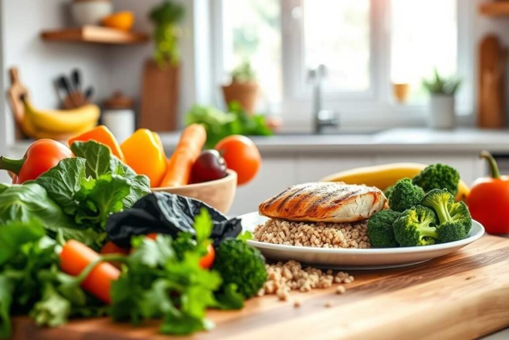 Prato com comidas saudáveis -