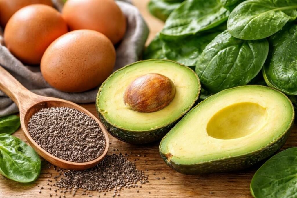 Imagem mostrando abacate, chia, ovo e espinafre - A Receita de Café da Manhã que Queima Gordura da Barriga