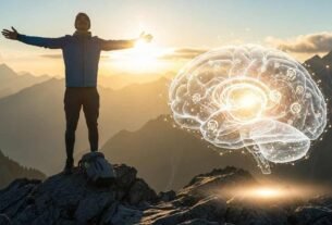Um homem de braços aberto em um penhasco e a figura de um cérebro ao lado - Como o Exercício Físico Impacta Sua Saúde Mental e Bem-Estar