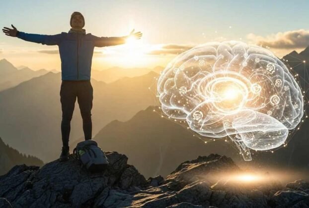 Um homem de braços aberto em um penhasco e a figura de um cérebro ao lado - Como o Exercício Físico Impacta Sua Saúde Mental e Bem-Estar