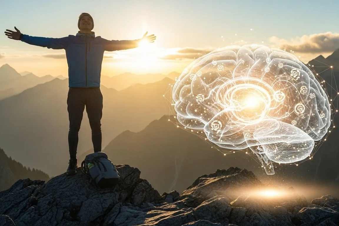 Um homem de braços aberto em um penhasco e a figura de um cérebro ao lado - Como o Exercício Físico Impacta Sua Saúde Mental e Bem-Estar