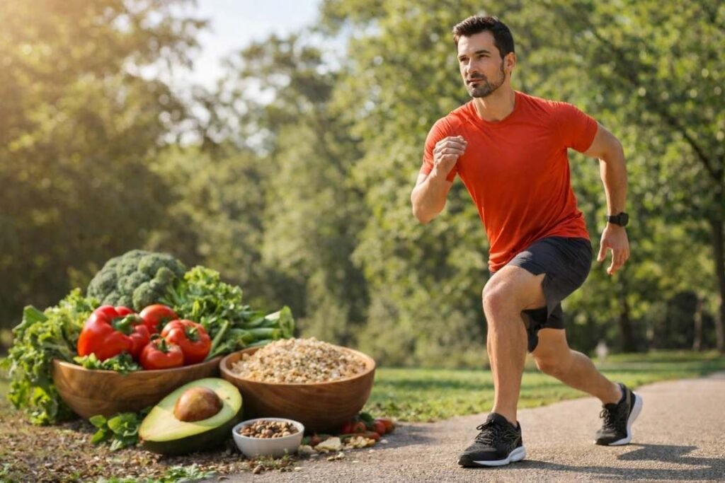 Homem correndo e ao lado alimentos usados para evitar a gordura visceral - Gordura Visceral O Guia Completo sobre a Gordura Mais Perigosa para a sua Saúde