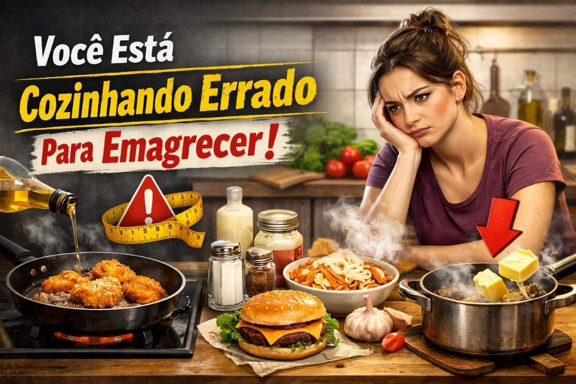 Mulher olhando os alimentos que fez sobre a mesa - Erros Comuns na Hora de Cozinhar para Emagrecer