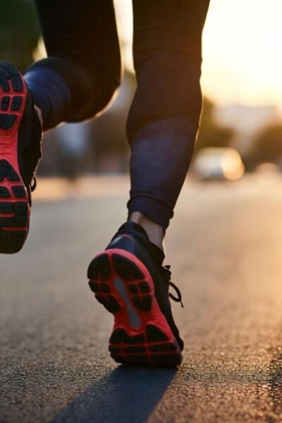 Imagem de pernas de uma pessoa correndo na rua com o sol ao fundo - Como Melhorar sua Técnica de Corrida e Evitar Lesões