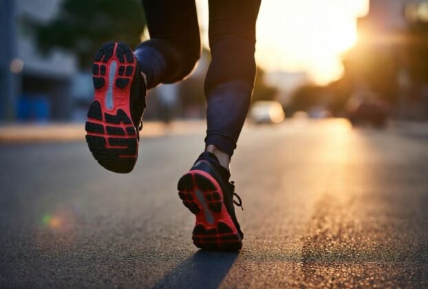 Imagem de pernas de uma pessoa correndo na rua com o sol ao fundo - Como Melhorar sua Técnica de Corrida e Evitar Lesões