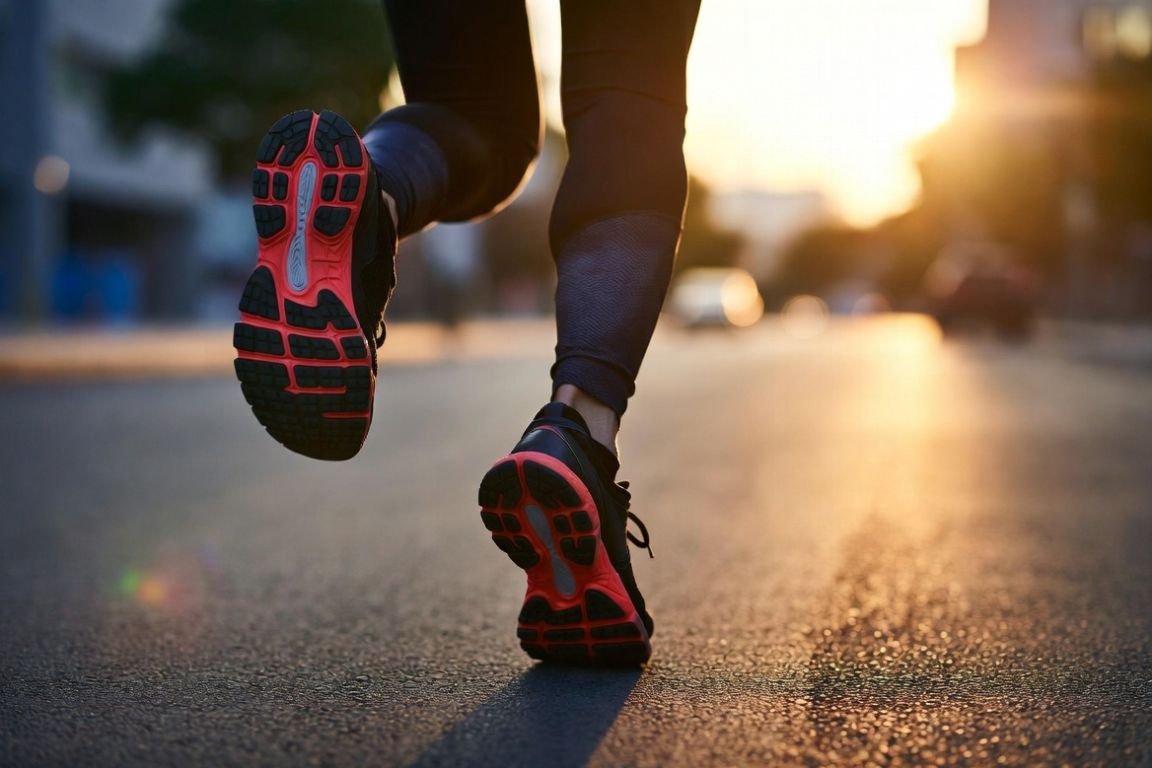 Imagem de pernas de uma pessoa correndo na rua com o sol ao fundo - Como Melhorar sua Técnica de Corrida e Evitar Lesões