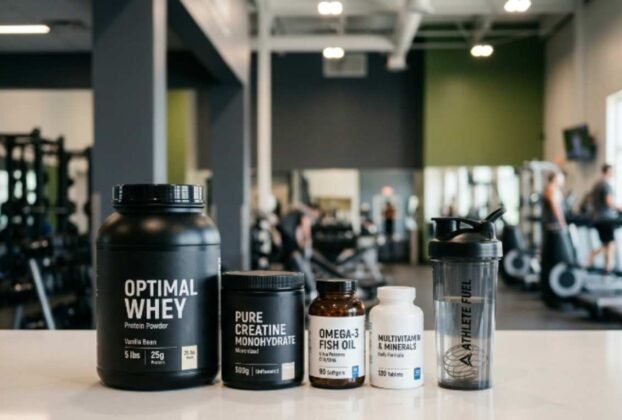 Suplementos sobre uma mesa na academia - 7 Suplementos Essenciais para Iniciantes na Academia