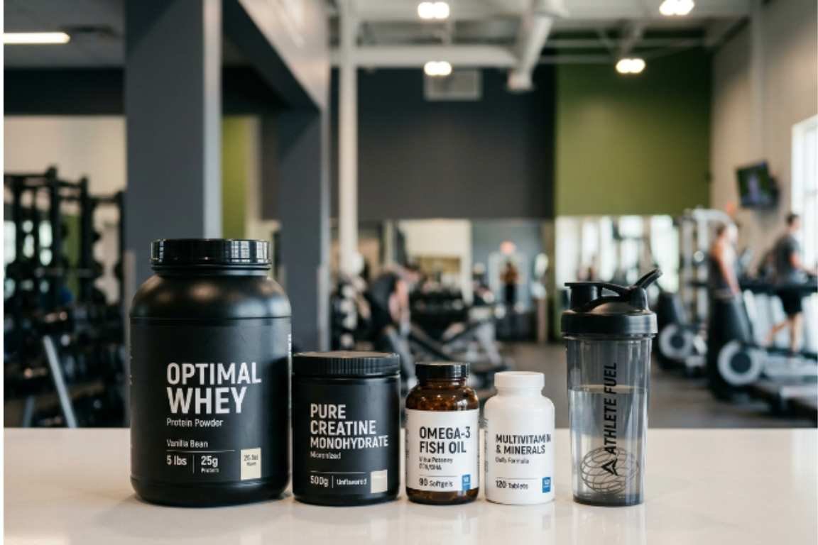 Suplementos sobre uma mesa na academia - 7 Suplementos Essenciais para Iniciantes na Academia
