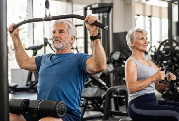 Um homem e uma mulher idosos na academia - A Ciência de Construir Músculos Dicas e Estratégias para Idosos