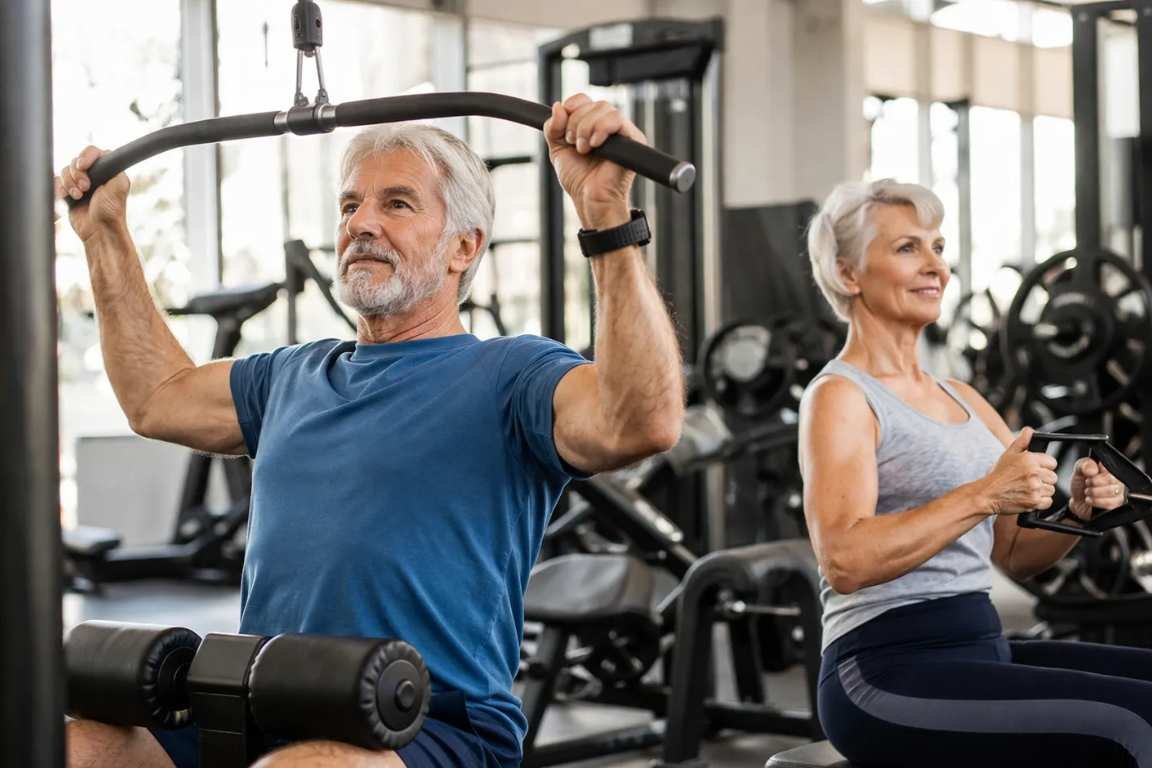 Um homem e uma mulher idosos na academia - A Ciência de Construir Músculos Dicas e Estratégias para Idosos