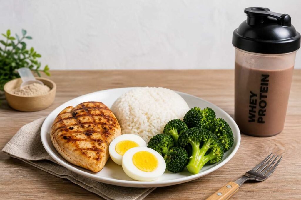 Um prato com frango, ovo, arroz e brócolis e uma garrafa de Whey 