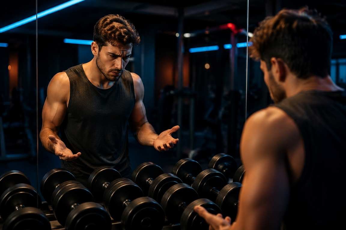 Homem no espelho sem entender algo - Você Pode Estar Desperdiçando Seu Treino